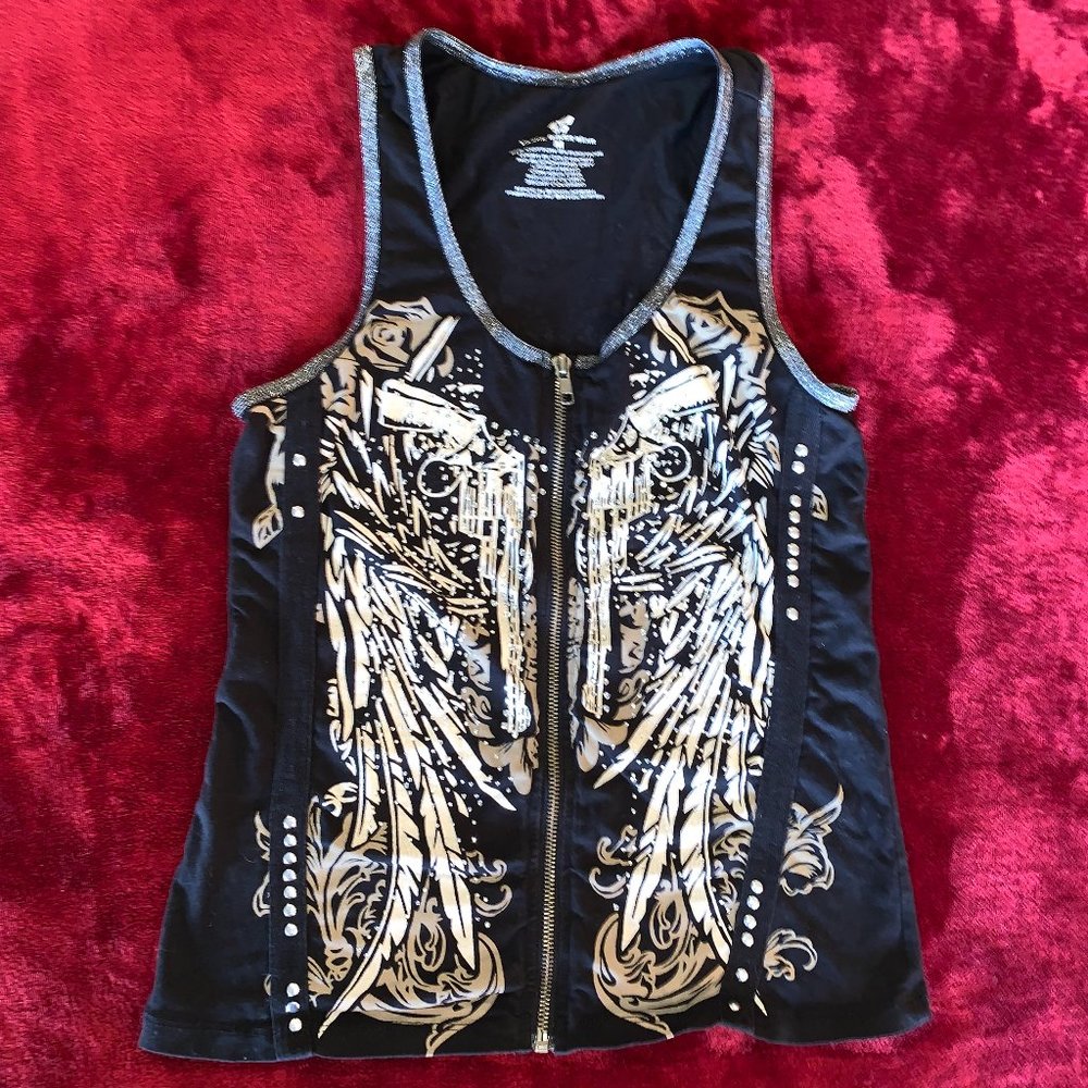 Med Vance Biker Wear Sexy Blingy Zip up Vest/Tank with Crystal Guns